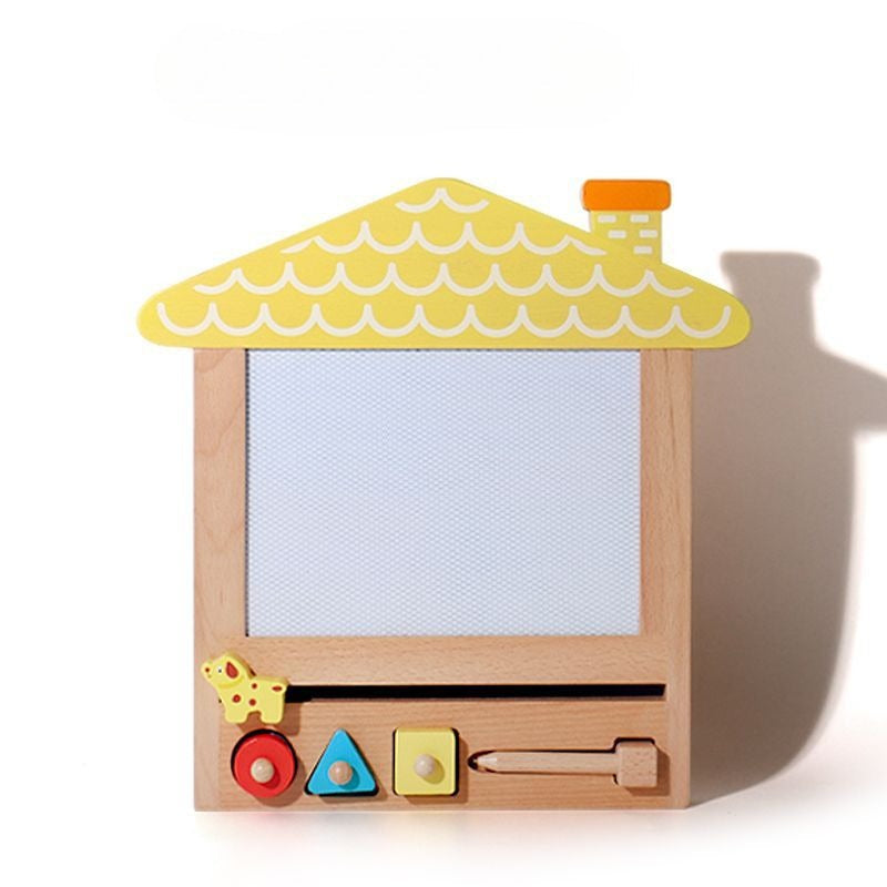 Wooden toy with a yellow roof and various colorful buttons on a white background