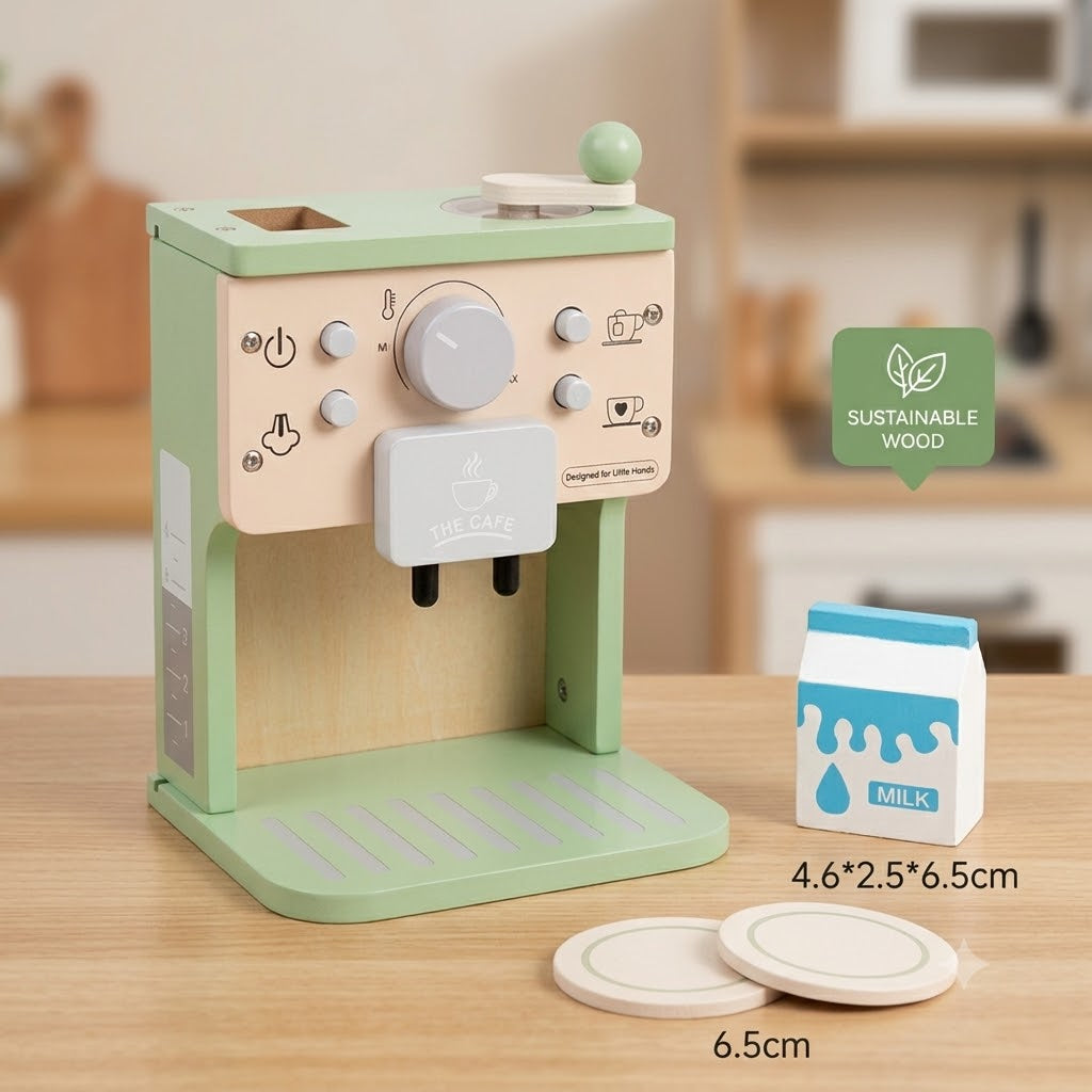 Children's toy coffee machine with a milk carton and measurement details on a wooden surface.