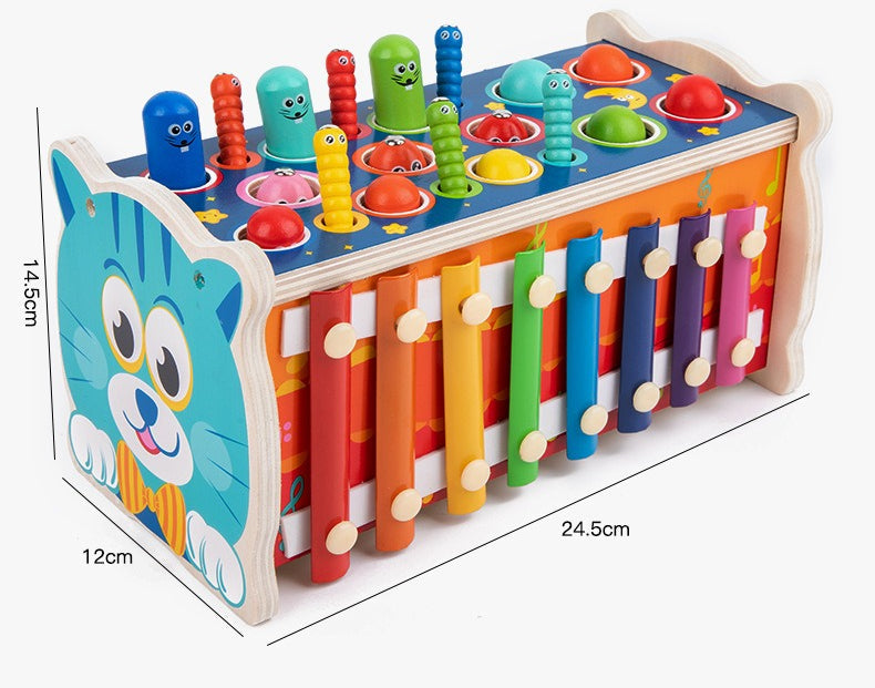 Colorful wooden toy with various interactive elements on a white background