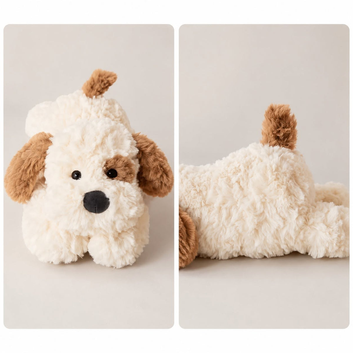 Two views of a plush dog toy with brown ears and tail on a light gray background