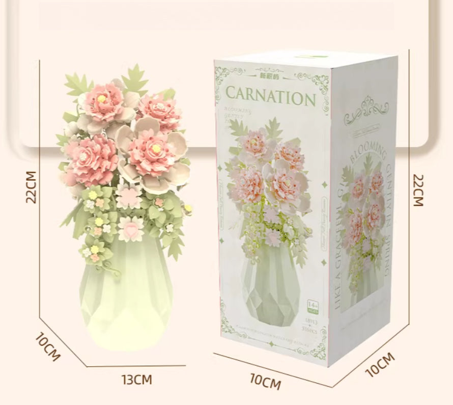 Floral arrangement with a matching packaging box, including dimensions.