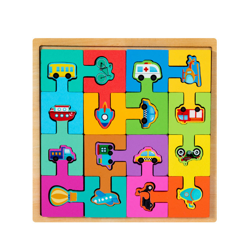 Colorful wooden puzzle with vehicle shapes on a white background