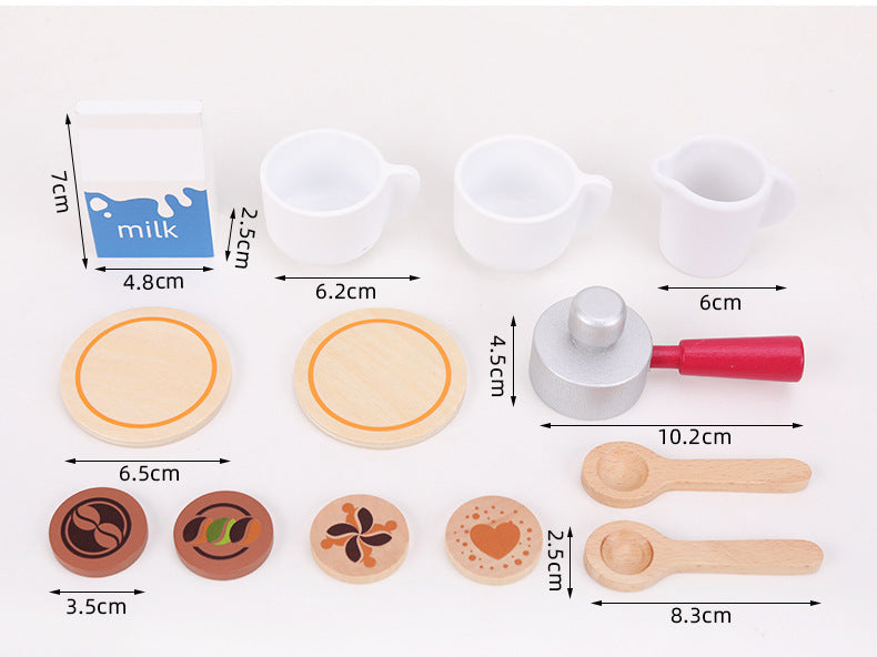 Set of toy kitchen items including cups, a milk carton, and utensils with measurements on a white background.