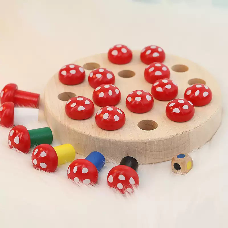 Wooden toy with red mushroom-shaped pieces on a light background