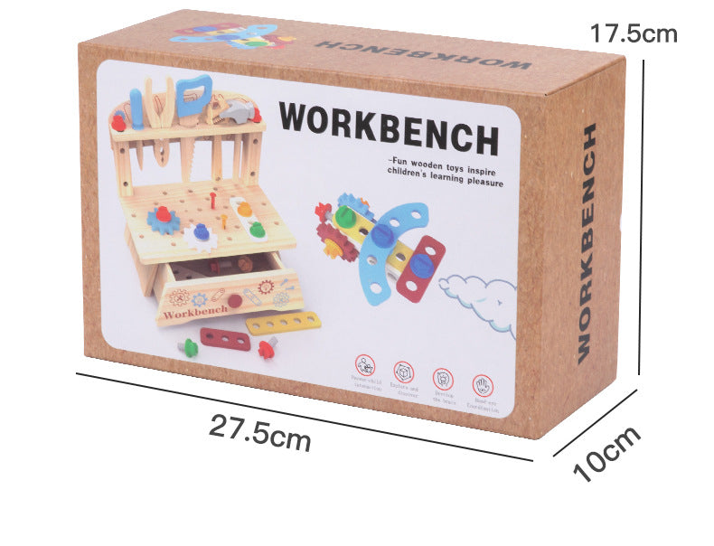 Box of a wooden toy workbench with measurements on a white background