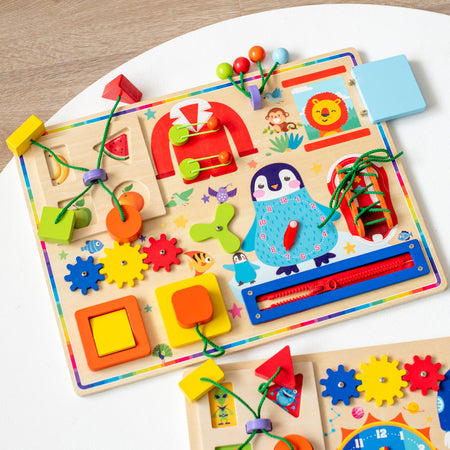 Wooden busy board sensory activity toy for toddlers with space and animal designs.