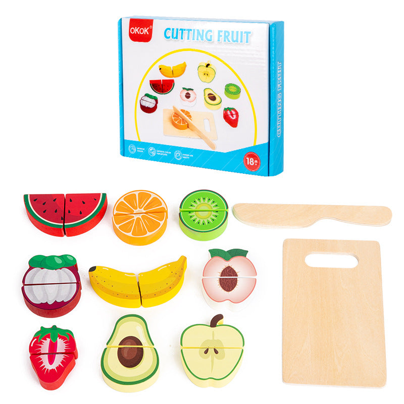 Wooden cutting fruit toy set with packaging on a white background