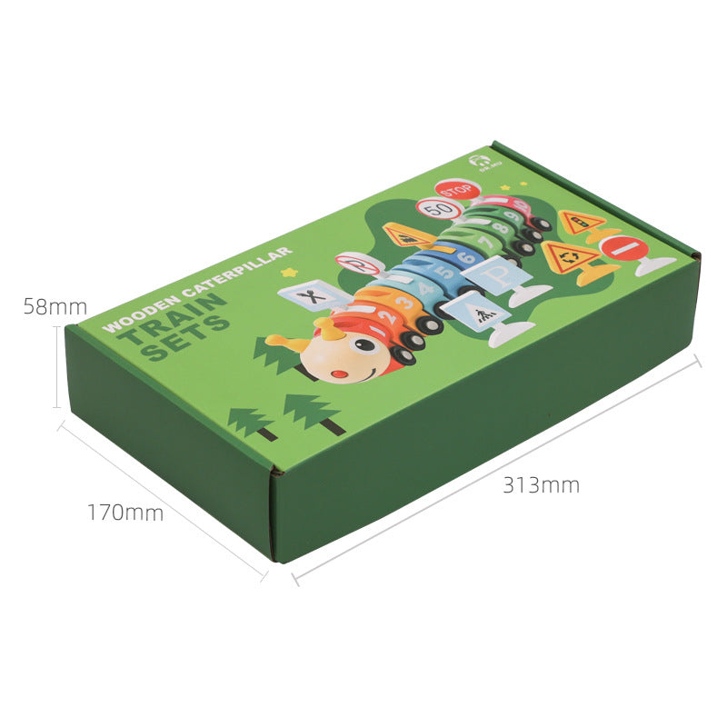 Green box with a caterpillar design and toy train set illustration, showing dimensions.