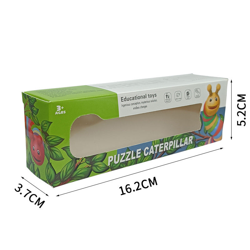 Box of an educational toy puzzle caterpillar with dimensions on a white background