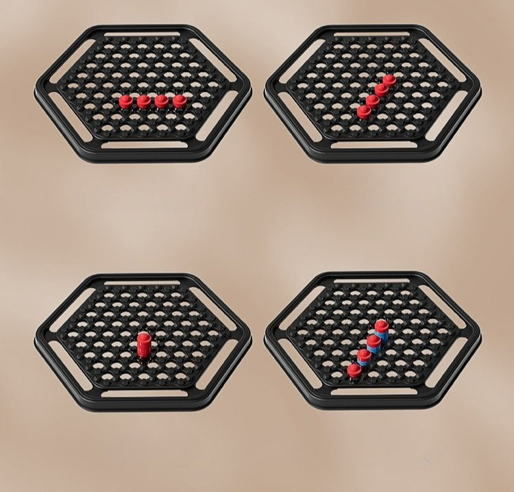 Four black hexagonal trays with small red and blue items on a beige background