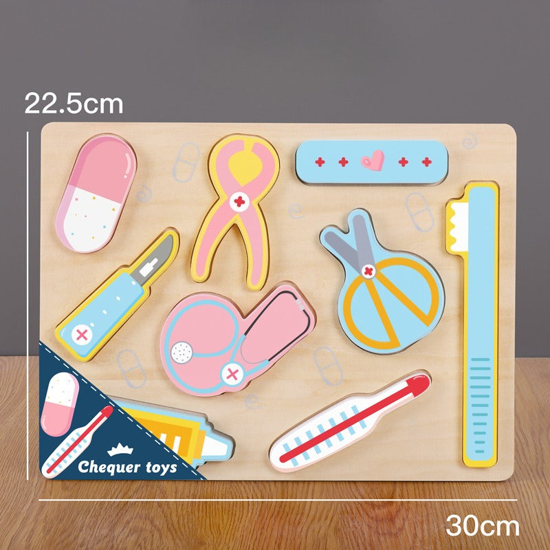 Wooden toy set with medical-themed tools on a wooden board, featuring measurements and Chequer Toys branding.