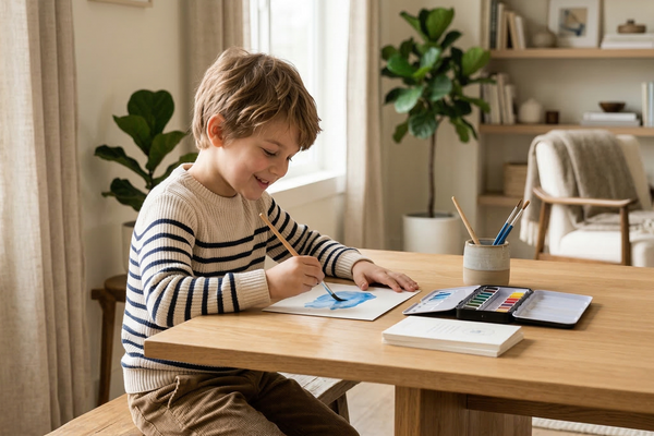 A 7-year-old boy practicing watercolor painting at a tidy wooden table in a bright, modern living room.