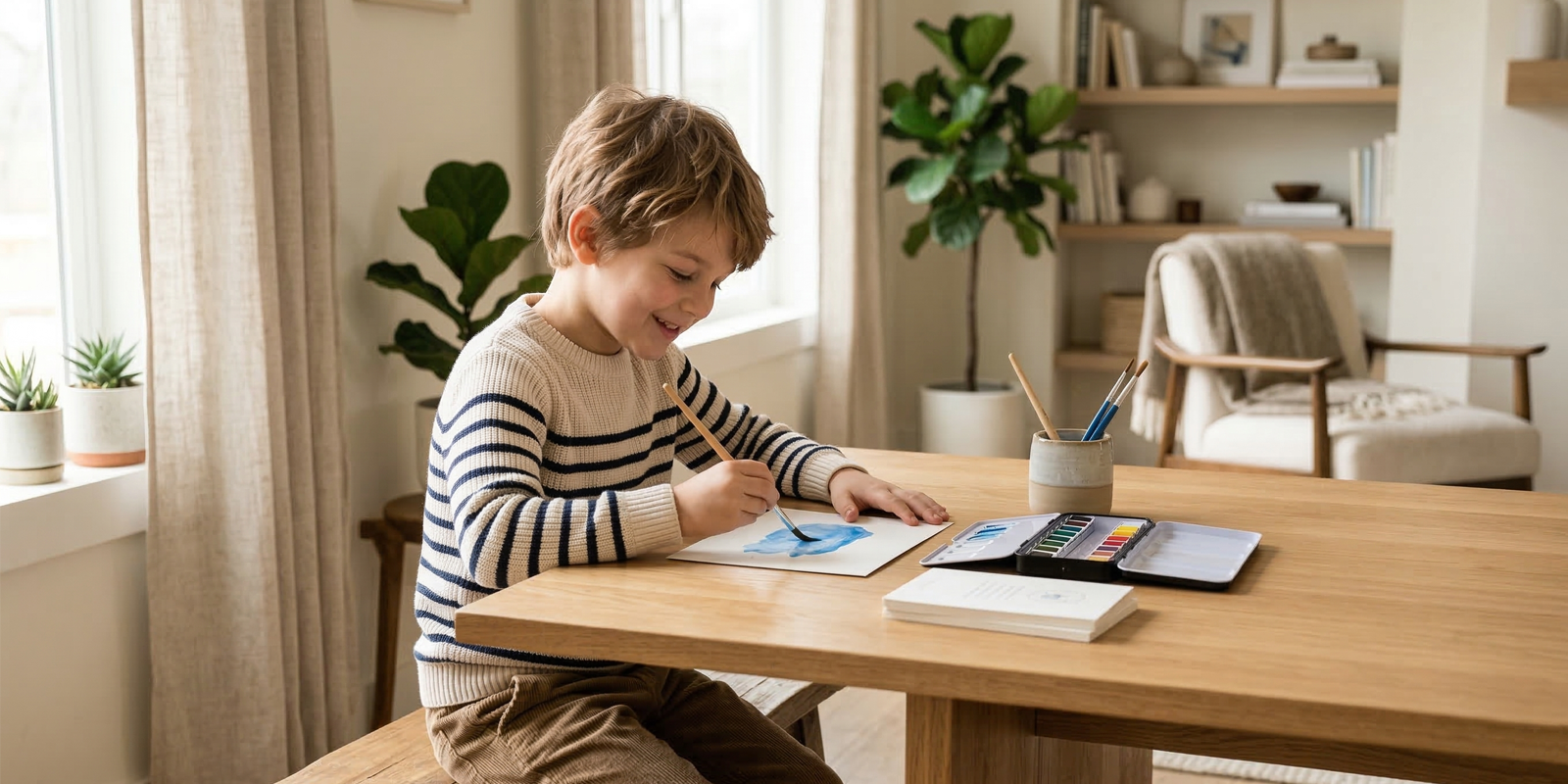A 7-year-old boy practicing watercolor painting at a tidy wooden table in a bright, modern living room.