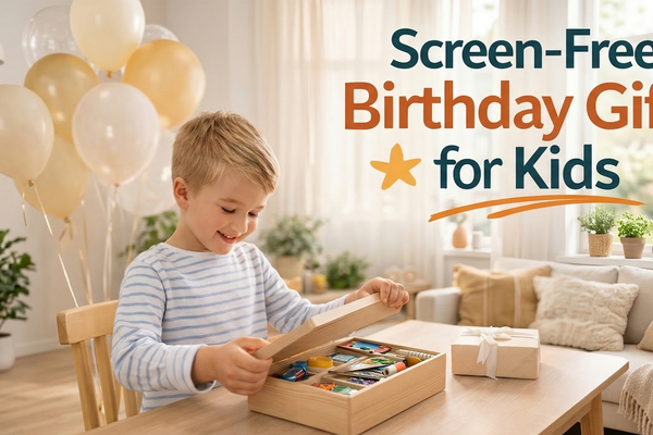 American child opening a thoughtful screen-free birthday gift in a bright indoor setting