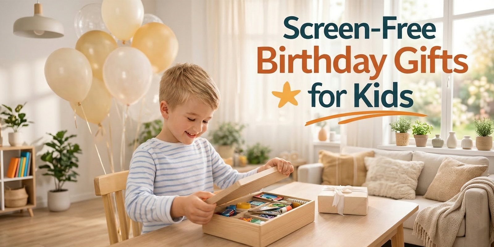 American child opening a thoughtful screen-free birthday gift in a bright indoor setting