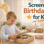 American child opening a thoughtful screen-free birthday gift in a bright indoor setting