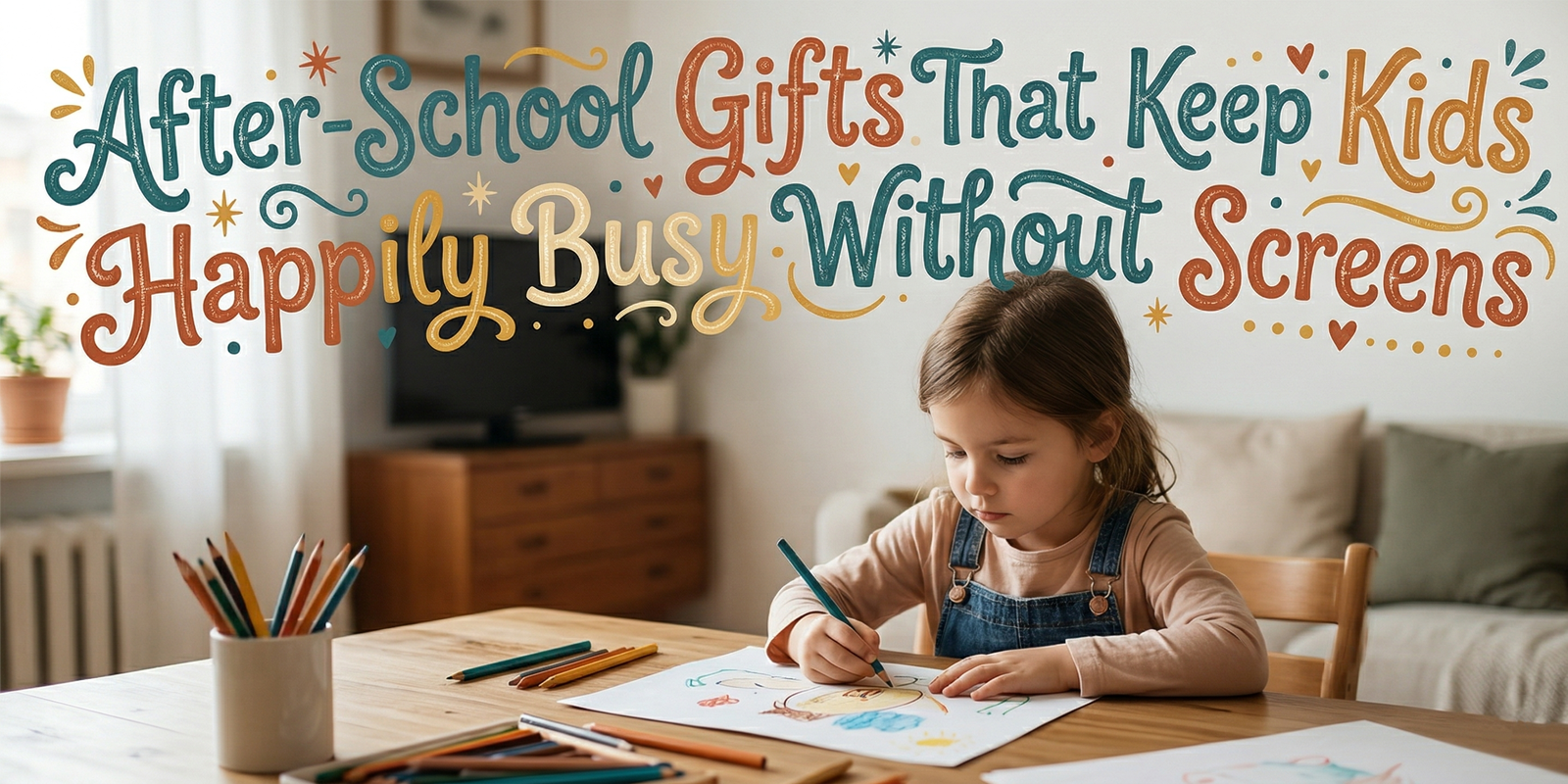 American child using a thoughtful screen-free after-school gift at a cozy table indoors