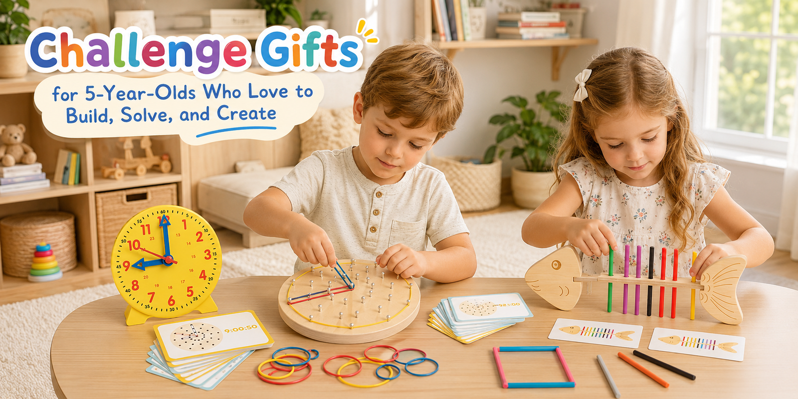 Curious five-year-old children using logic, building, and drawing toys in a bright home playroom