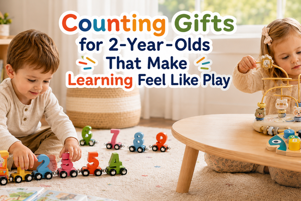 Two toddlers playing with a wooden number train, bead maze, and fish number puzzle in a warm indoor playroom