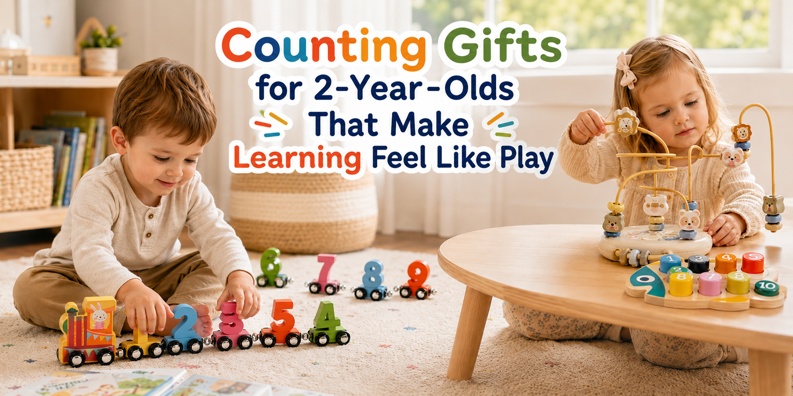 Two toddlers playing with a wooden number train, bead maze, and fish number puzzle in a warm indoor playroom