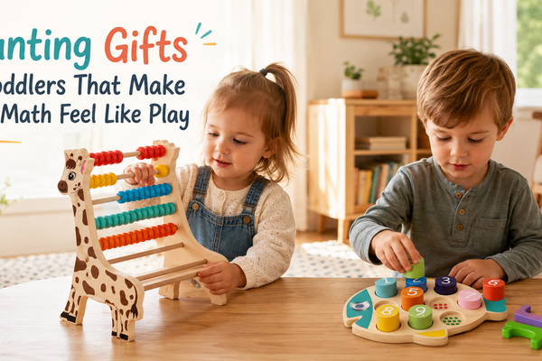 Toddler counting gifts in a warm indoor play setting with wooden number toys and abacus play