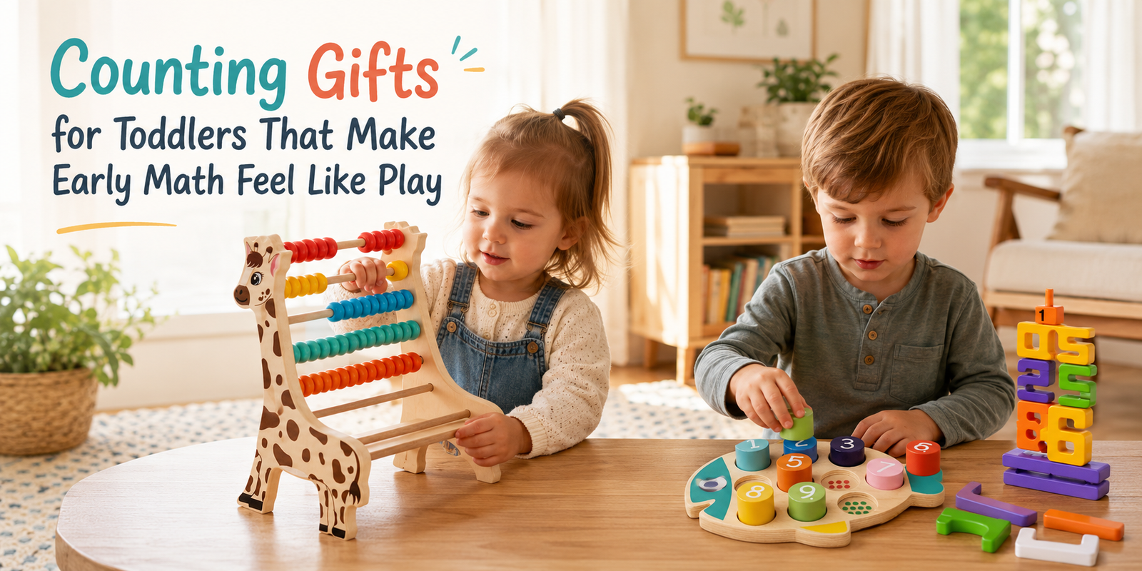 Toddler counting gifts in a warm indoor play setting with wooden number toys and abacus play
