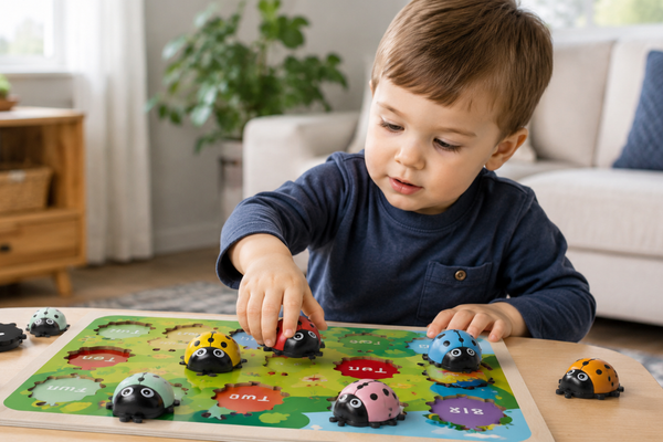 Preschool child playing with a wooden ladybug counting toy for number matching and early math practice.
