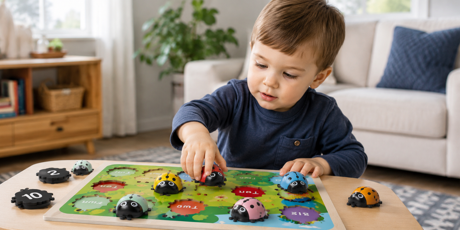 Preschool child playing with a wooden ladybug counting toy for number matching and early math practice.