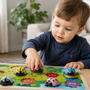 Preschool child playing with a wooden ladybug counting toy for number matching and early math practice.