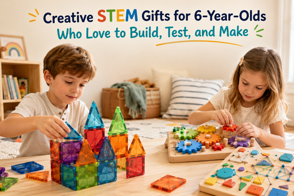 Six-year-old children using magnetic tiles, wooden gears, and a geo-pegboard in a bright home playroom