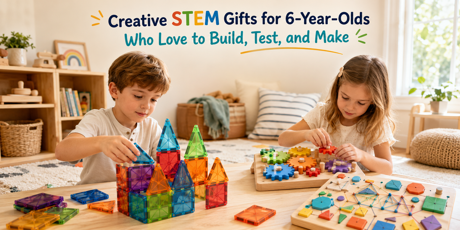 Six-year-old children using magnetic tiles, wooden gears, and a geo-pegboard in a bright home playroom