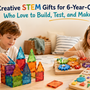 Six-year-old children using magnetic tiles, wooden gears, and a geo-pegboard in a bright home playroom