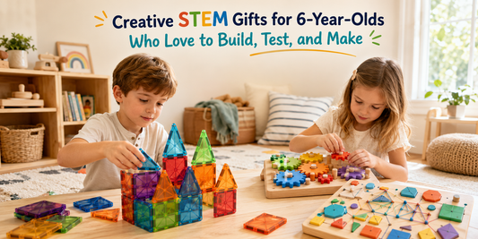 Six-year-old children using magnetic tiles, wooden gears, and a geo-pegboard in a bright home playroom