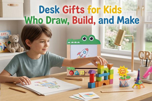 American child using a creative desk gift at a tidy studio-style desk