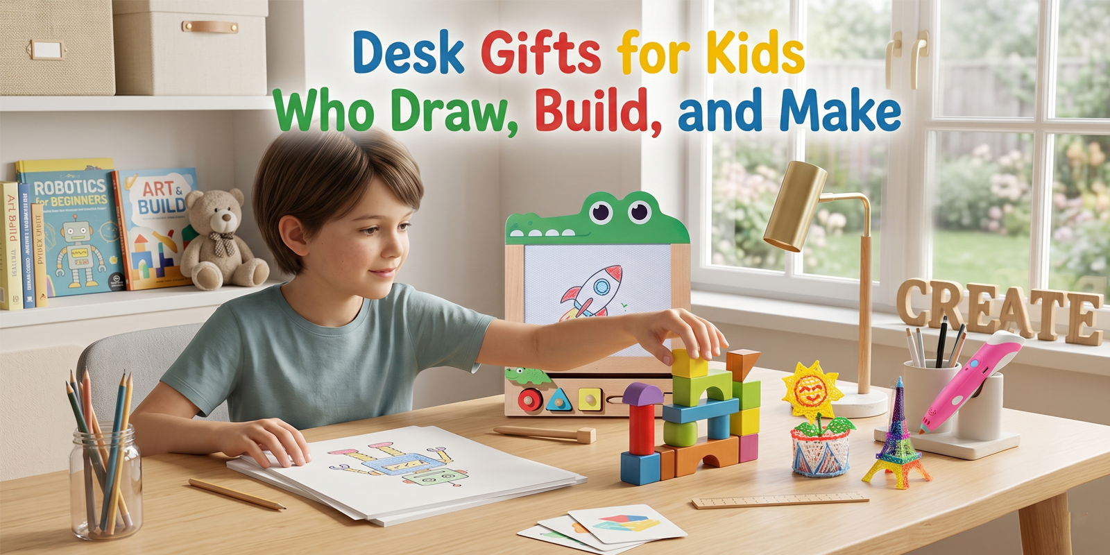 American child using a creative desk gift at a tidy studio-style desk