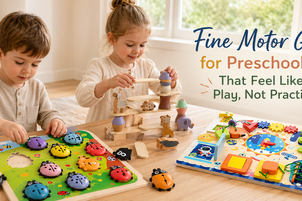 Preschool fine motor gifts in a warm indoor play setting with matching, stacking, and sensory toys