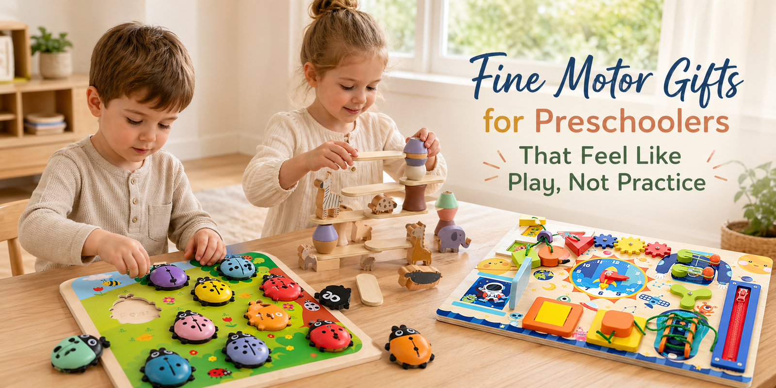 Preschool fine motor gifts in a warm indoor play setting with matching, stacking, and sensory toys