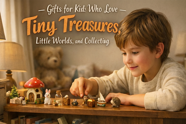 Child arranging tiny treasures and miniature gifts on a bedroom shelf