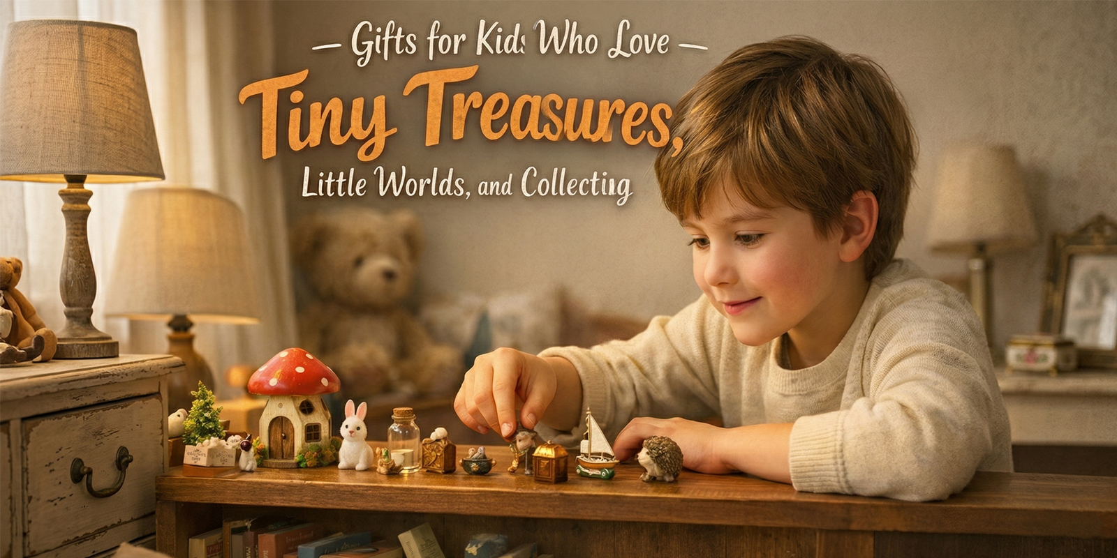 Child arranging tiny treasures and miniature gifts on a bedroom shelf
