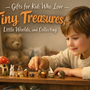 Child arranging tiny treasures and miniature gifts on a bedroom shelf