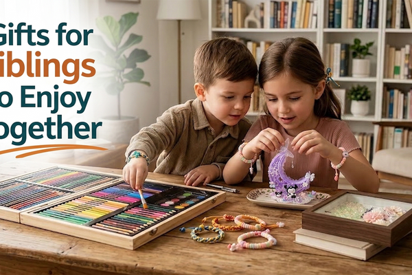 Two siblings opening a thoughtful screen-free gift together in a bright indoor room