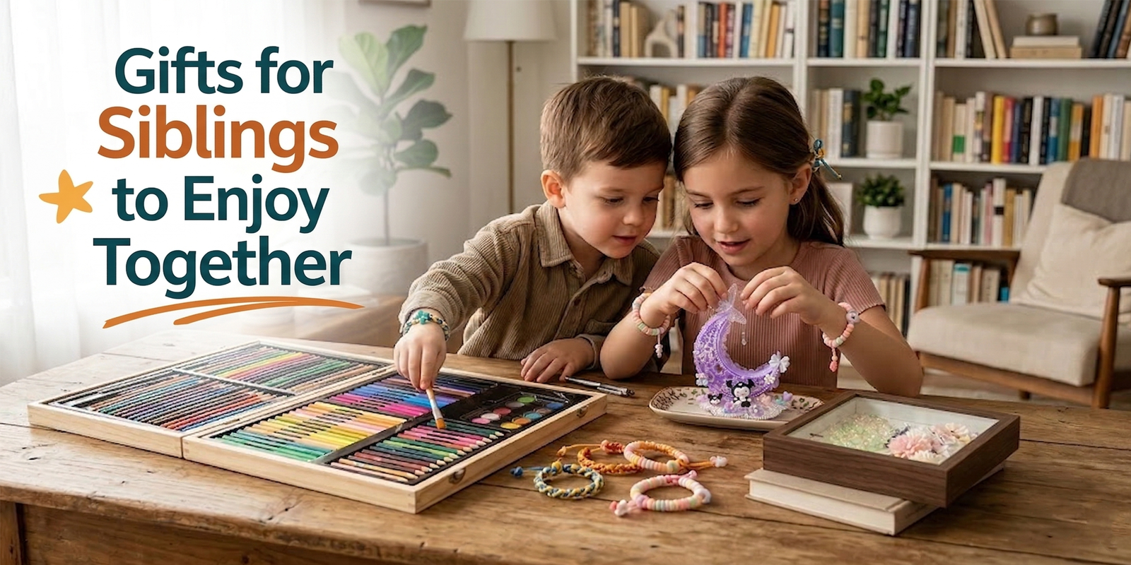 Two siblings opening a thoughtful screen-free gift together in a bright indoor room