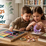 Two siblings opening a thoughtful screen-free gift together in a bright indoor room