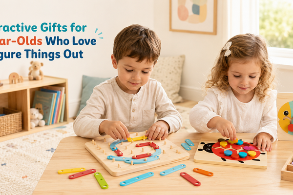 Curious 4-year-old children using building, logic, and drawing toys in a bright home playroom