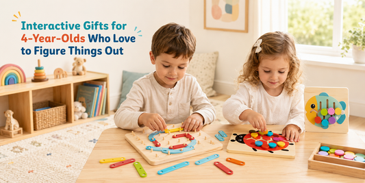 Curious 4-year-old children using building, logic, and drawing toys in a bright home playroom