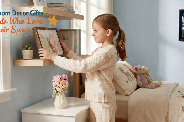 Child placing a thoughtful room decor gift on a bedroom shelf