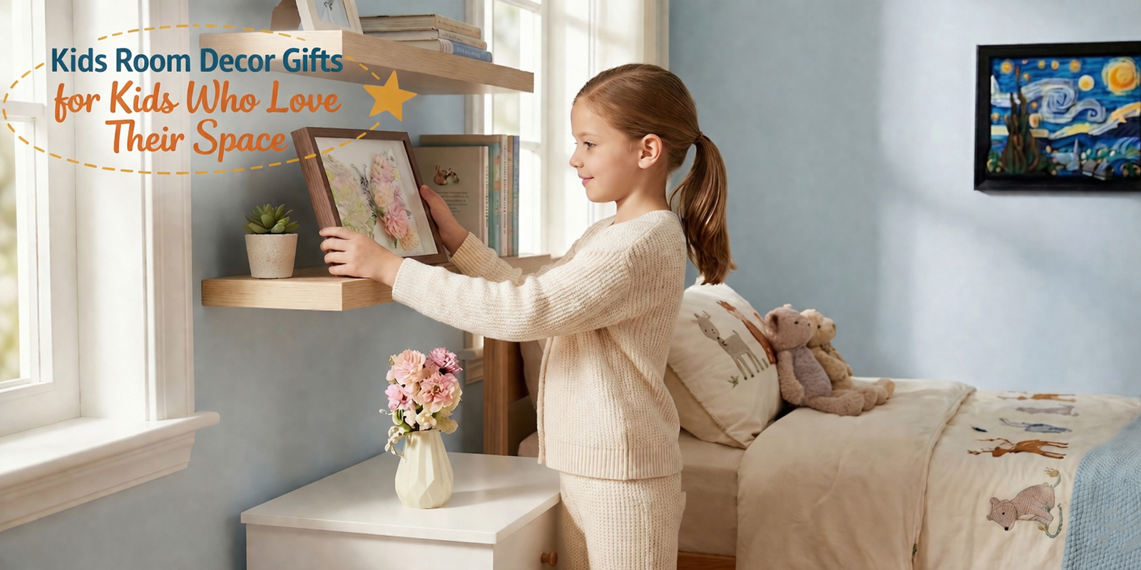Child placing a thoughtful room decor gift on a bedroom shelf