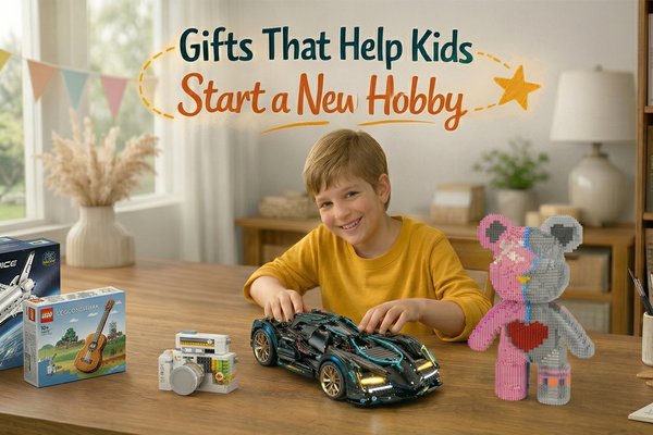 American child opening a creative hobby starter gift in a bright indoor room