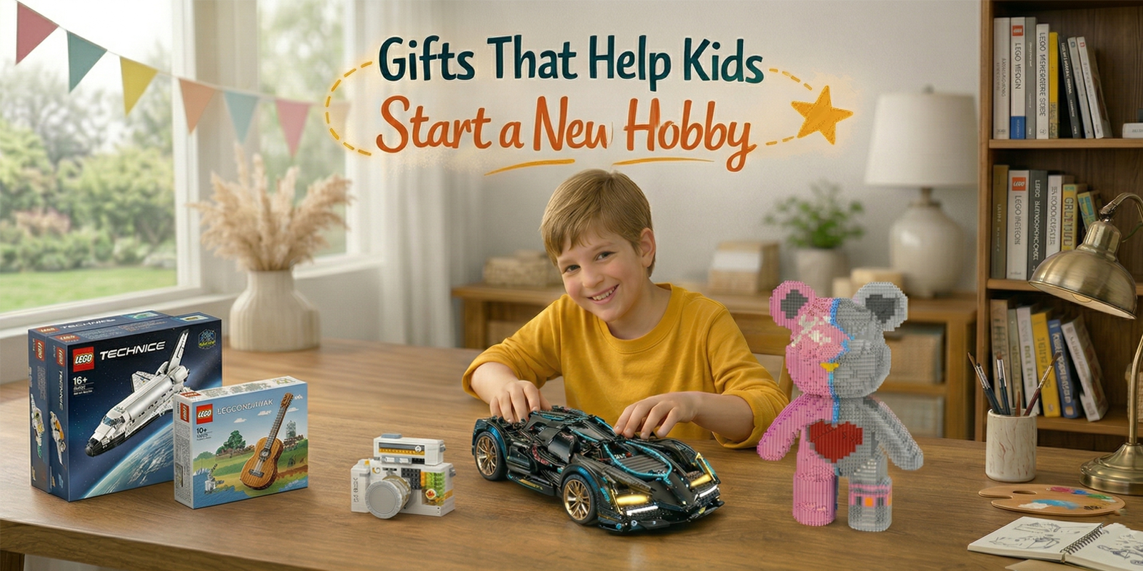 American child opening a creative hobby starter gift in a bright indoor room
