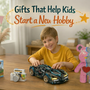 American child opening a creative hobby starter gift in a bright indoor room
